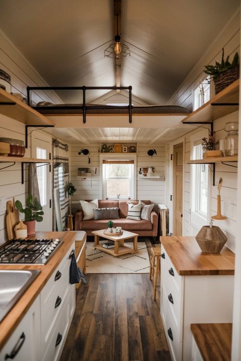 Small Cabin Sleeping Ideas, Tiny Cabin Interior Ideas, Mini House Interior Design, Interior Design For Tiny House, Tiny Homes From Sheds, Tiny Home Kitchen Living Room Combo, Coastal Tiny House Interior Design, Shed To Tiny House Interior Ideas, Tiny Home Inspiration