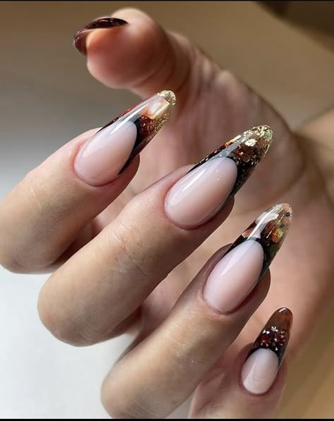 Inlay Acrylic Nails, 3d Nails Fall, Fall Nails 3d, Fall Nails 2024 Stiletto, 3d Autumn Nails, Stiletto Fall Nails 2024, Inlay Nails, Reverse French Nails, Aquarium Nails