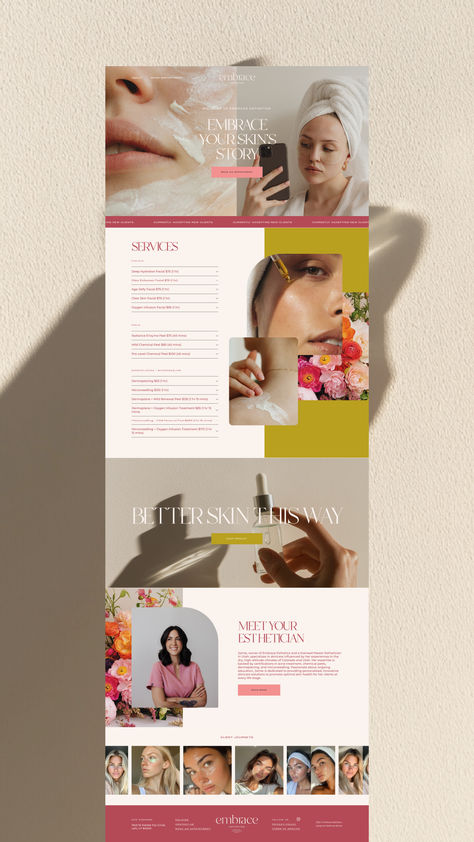 Coloful Elegant Web Design | Beauty Industry Branding | Editorial Website | Pink and Green Website Esthetician Website, Elegant Web Design, Industry Branding, Green Website, Beauty Esthetician, Editorial Website, Website Moodboard, Email Design, Beauty Industry