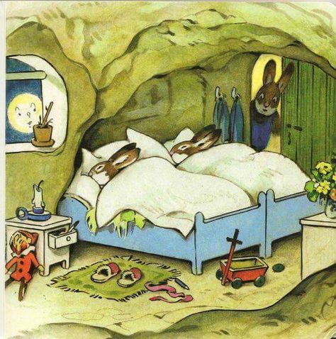 Bunnie bedtime ... Bunny Bedroom, Fritz Baumgarten, 동화 삽화, Storybook Art, Slaap Lekker, Rabbit Art, Bunny Art, Fairytale Art, Art And Illustration