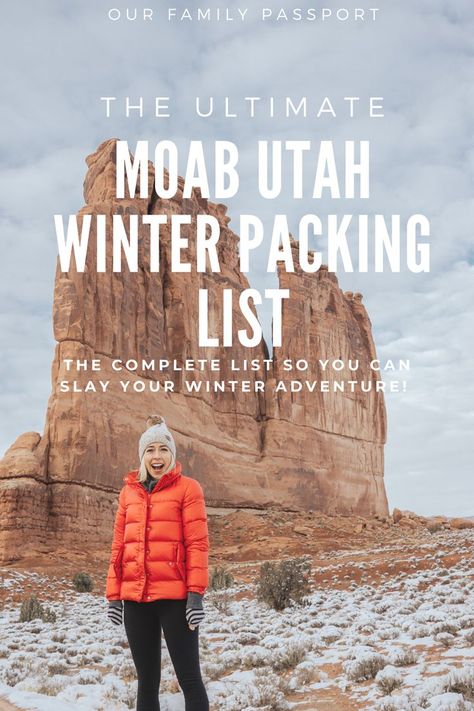 Don't head to Moab Utah without checking out this comprehensive Moab winter packing list that will keep you warm and safe! #moab #utahtravel #packinglists Winter Vacation Packing List, Snow Vacation, Utah Winter, Midwest Vacations, Utah Hiking, Travel Utah, Family Passport, Winter Packing List, Cultural Travel