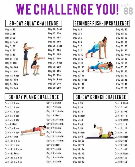 30 day challenge: squats, plank, push-ups, and crunches! 30 Day Squat, Challenge Fitness, Latihan Dada, Motivație Fitness, Motivasi Diet, Latihan Kardio, Squat Challenge, Plank Challenge, 30 Day Fitness