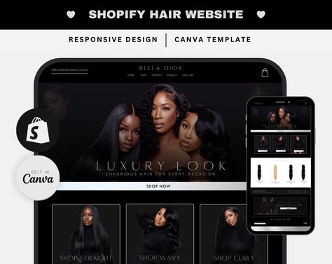 A luxe Shopify Hair Website Business. Makeover your Shopify store with this beautifully designed hair website. This Shopify theme includes website banners that you can edit in Canva.  𝗟𝗜𝗩𝗘 𝗗𝗘𝗠𝗢: https://belladiorstore.myshopify.com/ PASSWORD: 1 𝗪𝗵𝗮𝘁'𝘀 𝗜𝗻𝗰𝗹𝘂𝗱𝗲𝗱 𝗶𝗻 𝗬𝗼𝘂𝗿 𝗣𝘂𝗿𝗰𝗵𝗮𝘀𝗲: - Shopify Theme Zip File - Logo and Color Palette  - Custom Shopping Cart  - Editable Canva Banners - Installation Guide 𝗪𝗵𝗮𝘁 𝗖𝗮𝗻 𝘆𝗼𝘂 𝗱𝗼 - Change colors, fonts & Images - Add/Remove sections on any page - Create new pages - Add Collections - Edit the banners in Canva as many times as you need! 𝗪𝗵𝗮𝘁 𝘆𝗼𝘂 𝗻𝗲𝗲𝗱 - A Shopify Account  - A Free Canva Account  - A Desktop or Laptop Computer 𝗛𝗼𝘄 𝗶𝘁 𝘄𝗼𝗿𝗸𝘀 - Purchase this Templates - Click the Download Button - Girly Website Design, Hair Website Design, Website Design Shopify, Hair Website, Elegance Hair, Brand Marketing Strategy, Website Banner Design, Small Business Instagram, Ad Photography