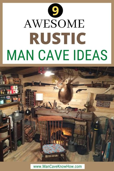 SEE PINS BELOW FOR PRODUCTS & visit website for more. The rest of your home looks as fresh and current as can be, but what about your man cave? Can you give it the kind of rustic makeover you’ve always dreamed of? You bet you can // rustic man cave ideas #rusticmancave #rusticmancaveideas #mancaverustic #mancaverusticideas #affiliate #rusticmancavedecor #rusticmancavegarage #rusticmancaveshed #rusticmancavebasement #rusticmancavebasementdesigns #mancavedesignideas #mancaveideas Rustic Mancave Ideas, Man Cave Vintage, Hunter Decor Rustic, Rustic Hunting Cabin Interior, Western Man Cave, Hunting Man Caves, Fishing Room Man Caves, Home Office For Men Rustic, Man Cave Wall Ideas