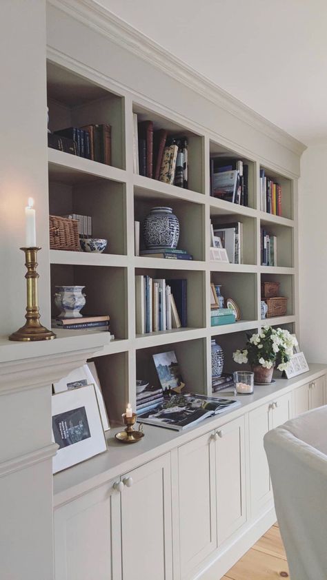 Greige Built Ins Living Room, Built Ins With Cabinets, Accent Built In Shelves, Custom Built In Bookcase, Built In Shelves Library Room, Dining Room And Study Combined, Built In Bookcase With Glass Doors, Neutral Built Ins, Office Library Built Ins