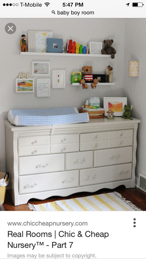 Love the floating shelves above dresser Above Dresser, Shelf Arrangement, Floating Shelves Bedroom, Baby Dresser, White Floating Shelves, Baby Boy Bedroom, Baby Changing Tables, Nursery Shelves, Bedrooms Ideas