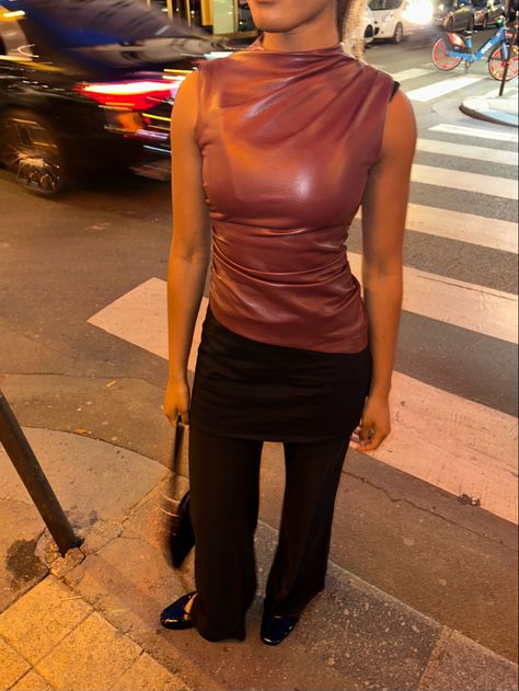 Paris ootd skirt over trousers with a leather house of cb wine asymmetric top and zara ballet pumps streets of paris zebra crossing paris aesthetic Red Leather Top Outfit, House Of Cb Top, Skirt Over Trousers, Spagetti Tops, Leather Top Outfit, Long Tube Top, Red Leather Top, Paris Ootd, Romantic Vibes