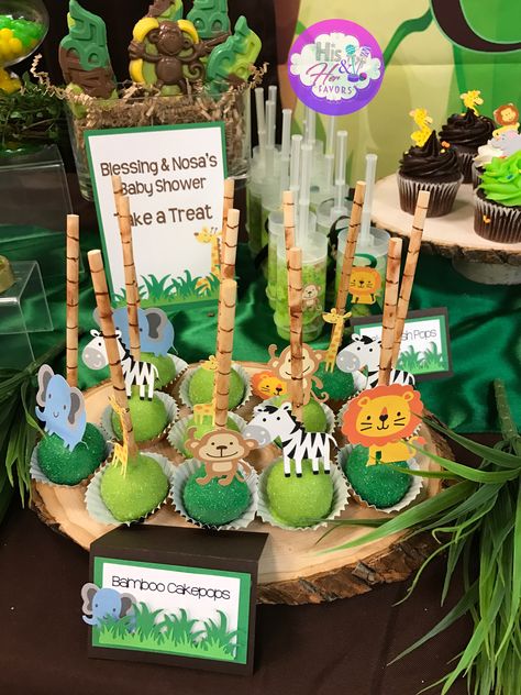 Bamboo cake pops www.hisnherfavors.com Wild One Birthday Cake Pops, Cake Pops Safari Theme, Safari Cake Pops, Jungle Cake Pops, Safari Theme Cake, Safari Baby Shower Boy, Jungle Theme Birthday Party, Zoo Birthday Party, Jungle Thema