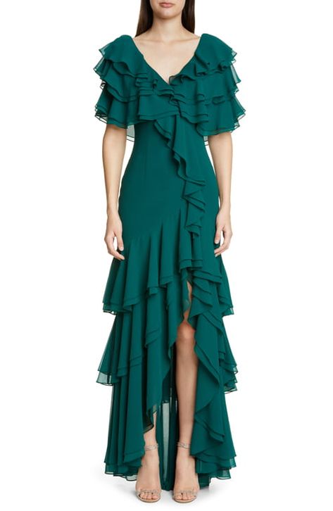 Evening Gowns Online, Organza Gown, Green Formal Dresses, Badgley Mischka Dress, Organza Gowns, Ruffle Gown, 파티 드레스, Gowns Online, Formal Dresses For Women