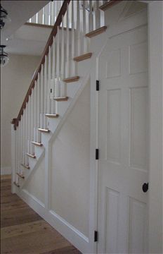 An under stair door with angle cut upper corner Staircase Pantry, Ideas For Under Stairs, Understairs Cupboard, Stair Door, Door Under Stairs, Rustic Closet, Farmhouse Stairs, Emily Black, Bathroom Under Stairs