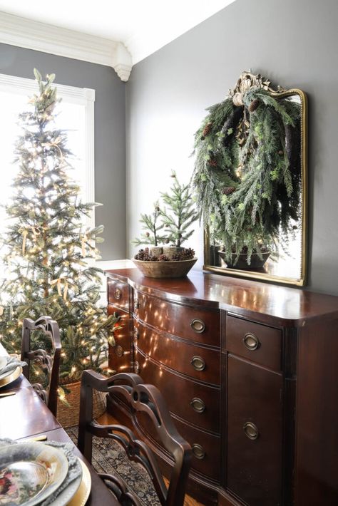 Dining Room Tree Christmas, Decorating Dining Room Light Fixture For Christmas, Christmas Tree In Dining Room, Pottery Barn Dishes, Gray Dining Room, Greenery Christmas, Dining Room Light Fixture, Christmas Dining Table, Christmas Dining Room