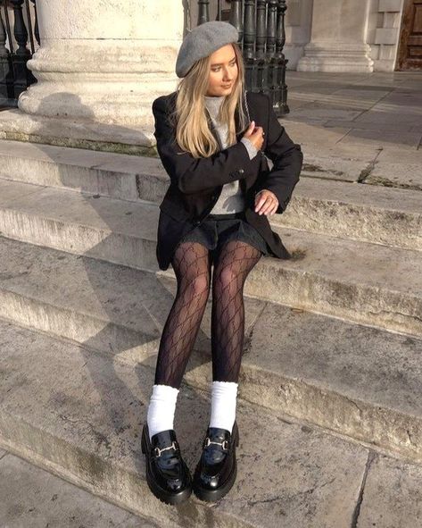 Black tights and white socks #Black #tights #and #white #socks #blacktightsandwhitesocks Tights Outfits, Vogue Photoshoot, Lawyer Fashion, Chic Winter Outfits, White Socks, Loafers Style, Women Legs, Winter Fits, Outfit Goals