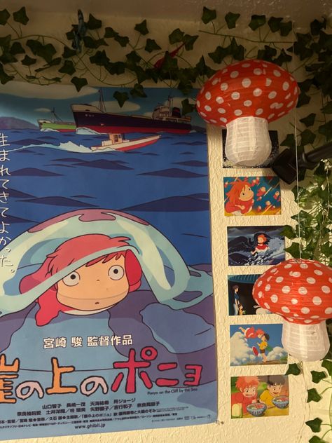 Ghibli Studio Aesthetic Room, Ponyo Aesthetic Room, Ponyo Room Aesthetic, Ghibli Core Bedroom, Ghiblicore Bedroom, Ponyo Themed Bedroom, Ponyo Room Decor, Ponyo Decor, Ghibli Core Room