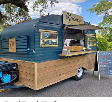 Vintage Camper Exterior Ideas, Caravan Food Truck Interior, Coffee Trailer Wrap Ideas, Retro Food Trailer, Camper Turned Food Truck, Beverage Trailer Ideas, Camper Converted To Food Truck, Food Trailer Diy, Diy Food Trailer