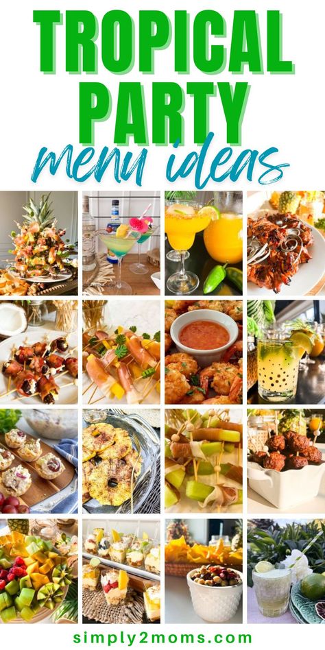 Food For Tiki Party, Tropical Party Appetizers Food Ideas, Tropical Theme Appetizers, Tropical Theme Dinner Party, Tropical Lunch Ideas, Tiki Bar Food Ideas, Island Party Food Ideas, Tropical Dinner Party Food, Tropical Catering Ideas