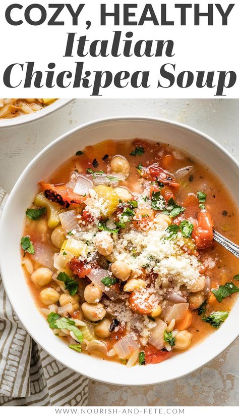 Banza Soup Recipes, Chickpea And Vegetable Soup Zupas, Vegan Gluten Free Soup, Tomato Tortellini Soup, Healthy Italian, Chickpea Soup, Chickpea Stew, Chick Pea, Chickpea Recipes