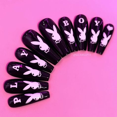 Black Play Boy Nails, Play Bunny Nails, Playboy Bunny Nail Design, Play Boy Nails, Glamgoth Nails, Black Gel Polish, Fuel Bar, Bunny Nails, Goth Nails