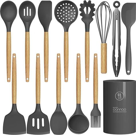 Amazon.com: 14 Pcs Silicone Cooking Utensils Kitchen Utensil Set - 446°F Heat Resistant,Turner Tongs, Spatula, Spoon, Brush, Whisk, Wooden Handle Gray Gadgets with Holder for Nonstick Cookware (BPA Free) : Home & Kitchen Silicone Cooking Utensils, Silicone Kitchen Utensils, Silicon Utensils, Utensils Set, Kitchen Cooking Utensils, Tongs Kitchen, Cooking Utensils Set, Spatula Set, Kitchen Utensil Set