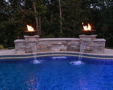 Pool With Fire Feature, Swimming Pool Fire Features, Pool Fire Bowl Water Feature, Pool Fire Feature, Pool Waterfall With Fire, Outdoor Fireplace Brick, Fountain Pool, Pool Fireplace, Stone Water Features