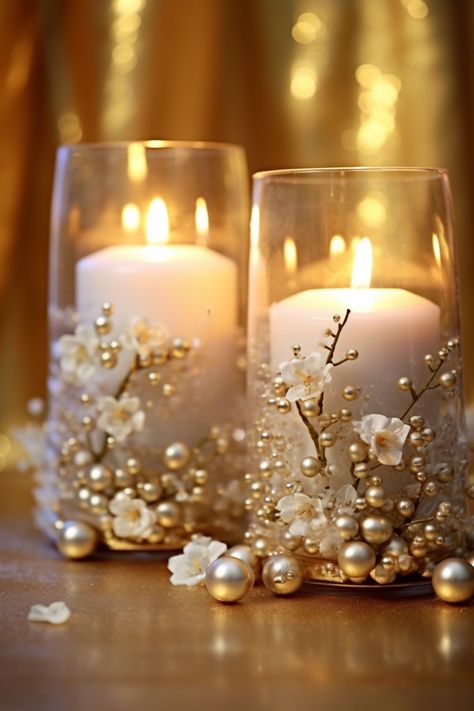 Candle Light Photography, Gatsby Party Decorations, Decoration Candles, Pearl Candle, Wedding Ambiance, Pearl Decorations, Gatsby Party, White Candles, Christmas Centerpieces