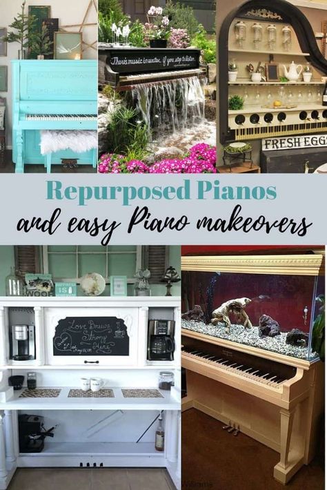 Repurposed Pianos and a few easy Piano Makeovers Old Piano Repurpose Ideas, Upcycle Piano, Repurpose Piano, Repurposed Pianos, Piano Makeover, Diy Piano, Piano Upcycle, Spinet Piano, Piano Repurpose