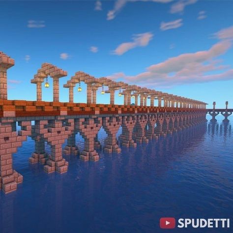 Minecraft Bridge Supports, Long Minecraft Bridge Over Water, Long Bridge Minecraft Design, Minecraft Railway Bridge, Minecraft Steampunk Bridge, Minecraft Water Bridge, Long Bridge Minecraft, Minecraft Long Bridge, Minecraft Bridge Ideas Long