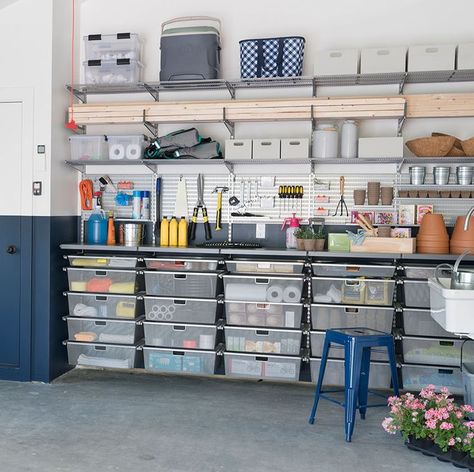 Garage Work Bench And Storage, Elfa Garage, Utility Garage, Mesh Drawers, Rue Paul, Garage Organization Shelves, Garage Inspiration, Garage Organization Systems, Organized Garage