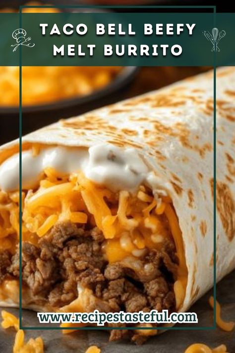 Recreate the cheesy, crunchy goodness of Taco Bell's Beefy Melt Burrito at home with this easy-to-follow recipe. Packed with seasoned beef, Mexican rice, and crispy chips, it’s perfect for a satisfying meal. Crispy Beef Burritos, Taco Bell Beefy Melt Burrito, Cheesy Bean And Rice Burrito Taco Bell, Crunchy Burritos, Beef Rice Burrito, Beef And Rice Burrito Recipe, Beefy 5 Layer Burrito Recipe, Burritos Beef Ground, Beef Burrito Recipes