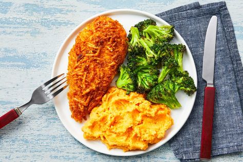 Cheddar-Crusted Chicken Recipe | HelloFresh Cheddar Crusted Chicken, Hello Fresh Recipes, Crusted Chicken, Roasted Broccoli, Hello Fresh, Mashed Sweet Potatoes, Most Popular Recipes, Roasted Chicken, Popular Recipes