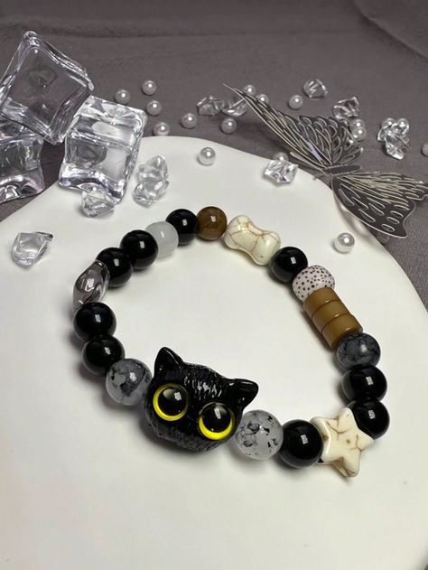 Yellow Eyes,Blue Eyes  Collar  Polyresin   Embellished   Women Fashion Jewelry Couple Bracelets, Yellow Eyes, Womens Bracelets, Cute Cat, Shells, Charm Bracelet, Beaded Bracelets, Stars, Black And White