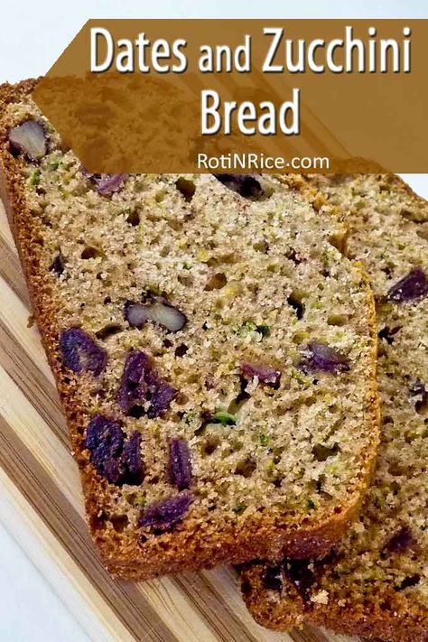 This quick and easy Dates and Zucchini Bread is sweet, moist, and dense. It is great for a mid-morning or afternoon snack. | RotiNRice.com #zucchinibread #quickbread #dates #zucchini Date Bread, Date Muffins, Date Nut Bread, Zucchini Recipes Dessert, Zucchini Bread Healthy, Dessert Breads, Carrot Bread, Sugar Bread, Quick Dessert