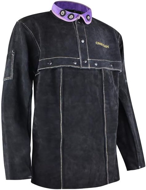 Visit the ONETIAN Store ONETIAN Leather Welding Jacket - Premium Cape Sleeve Coat with Enhanced Buttons - Heavy-Duty Protection Gear in Black Welding Jackets, Welding Gear, Protection Gear, Safety Clothing, Cape Sleeves, Metal Buttons, Work Attire, No Se, Metal Working