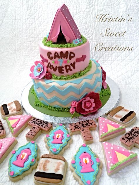 Glamping (Glamorous camping) cake and cookies! #glamping #glamping #bachelorette Glamping Cakes Birthday, Glamping Cake Ideas, Glamping Birthday Cake, Camping Party Food Ideas, Girls Camping Birthday Party, Glamping Cake, Camping Party Food, Camping Party Foods, Glamping Bachelorette