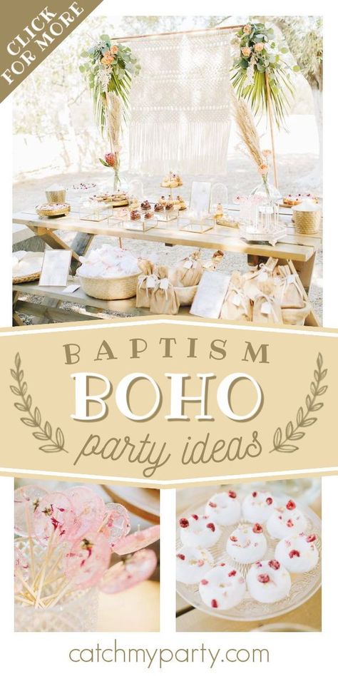 Boho First Communion Party, Boho Baptism Cake, Baptism Party Food, Baptism Food Ideas, Boho Baptism Decorations, Baptism Theme Ideas, Baptism Food, Lemonade Party Favors, Girl Baptism Party