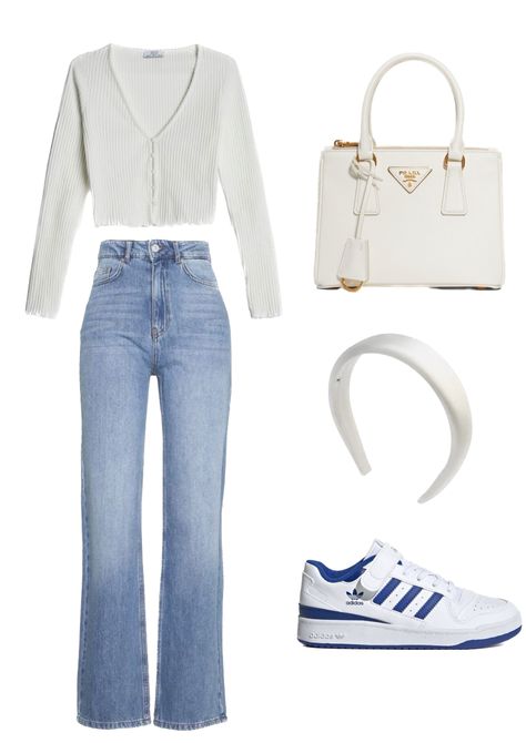 White top with blue jeans, white Prada bag, Adidas forum low and white headband. The perfect elegant outfit to go to school. Vivienne westwood neckleace Classy Blue Jeans Outfit, White Top With Blue Jeans, Adidas Forum Low Outfit, White Prada Bag, White Pants Outfit Winter, White Top And Blue Jeans, Jeans Pants Outfit, White Tops Outfit, Tops Outfit