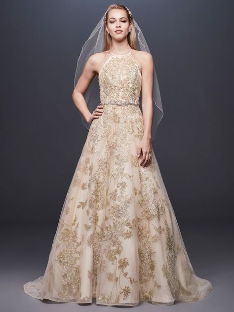 Galina Signature Spring 2019 gold embellished A-line wedding dress with floral details Halter Ball Gown, Gold Wedding Gowns, How To Dress For A Wedding, Davids Bridal Wedding Dresses, Gold Wedding Dress, Bridal Jumpsuit, Gown Style, Davids Bridal Dresses, Bridal Fashion Week