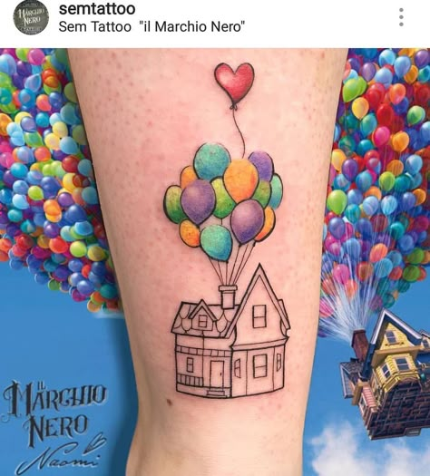 Disney Up House Tattoo, Up Themed Tattoo, Movie Up Tattoo Ideas, Up Tattoo Ideas Disney, Up The Movie Tattoos, Pixar Up Tattoo Ideas, Up Balloon Tattoo, Up House Tattoo Disney, Up Tattoos Disney