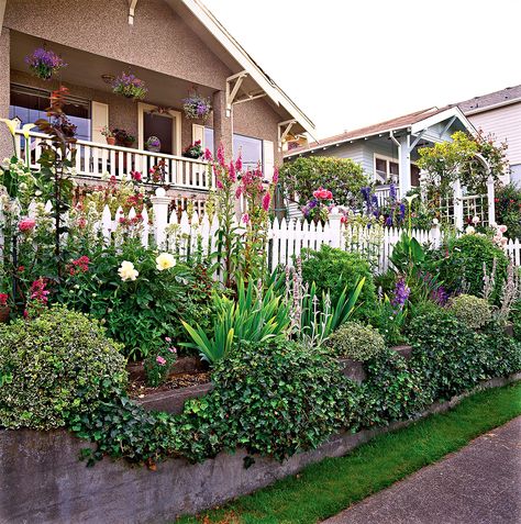 Dress It Up Sidewalk Garden, Sloped Front Yard, Concrete Retaining Walls, Front Yard Design, Dream Yard, Building A Fence, White Picket Fence, Front Yard Garden, Yard Design