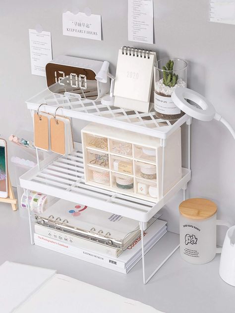 1pc Desktop Storage Rack | SHEIN USA Penyimpanan Makeup, Dream Setup, Bureau Decor, Desk Organisation, Study Desk Decor, Uni Room, Desk Inspo, Desk Inspiration, White Desk