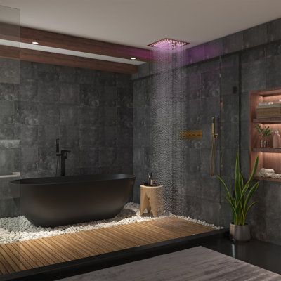 Master Shower With Double Shower Heads, Big Shower Design, Black Shower Master Bath, Rainfall Shower Aesthetic, Purple Shower Aesthetic, Cave Shower Walk In, Two Shower Heads Master Bathrooms, Large Shower Ideas, Waterfall Shower Bathroom