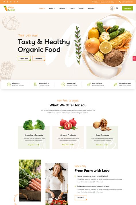 NativeFarm is a vibrant and modern WordPress theme designed specifically for organic farms, healthy food stores, and businesses selling eco-friendly food products. Its bright and eye-catching design, combined with powerful features, makes it an ideal choice for showcasing your organic offerings, building trust with customers, and growing your online sales. Fruits Website Design, Farmers Market Website Design, Dietitian Website Design, Organic Market Design, Food Website Design Layout, Product Knowledge Design, Healthy Website Design, Selling Website Design, Farm Website Design