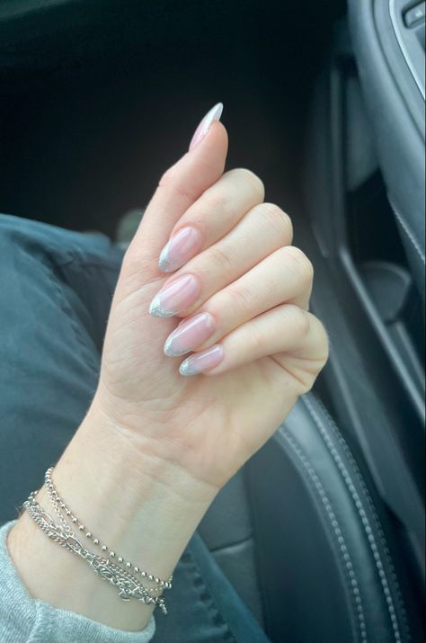 Pale Pink And Silver Nails, Silver French Tip Nails Oval, Sparky French Tip, White Sparkle French Tip, Silver Sparkle French Tip, French Tip With Silver, Silver French Tip Nails, Sparkle French Tip, Silver French Tips