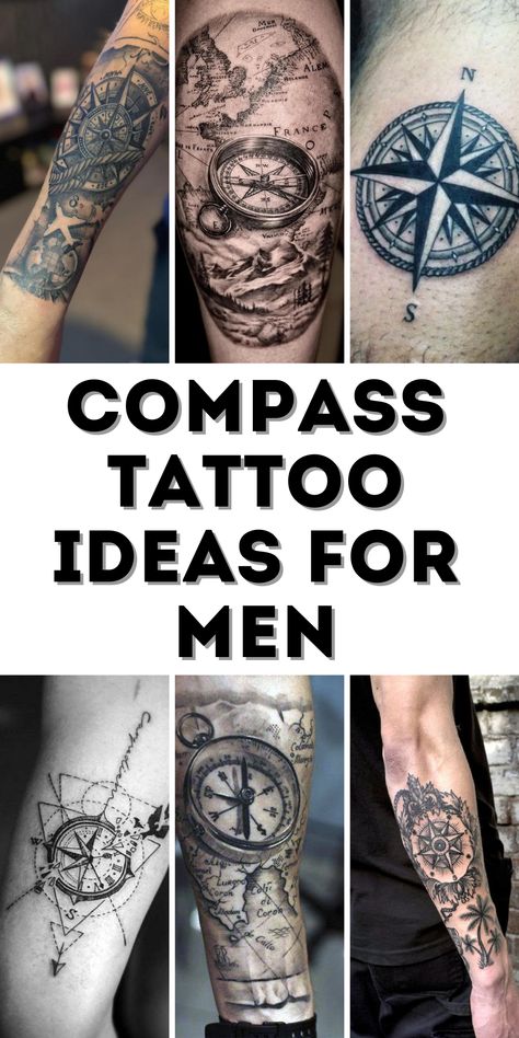 Compass Tattoo Ideas for Men Compass Roman Numeral Tattoo, Compass Tattoos For Men Forearm, Compass Rose Tattoo Men, Compass Tattoo Arm, Compass Tattoo Design Men, Tattoo Compass Men, Unique Compass Tattoo, Pirate Themed Tattoos, Compass Tattoos Arm