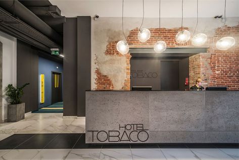 Modern Hotel With Industrial Background interior steel gray Industrial Reception, Office Reception Design, Industrial Office Design, Counter Design, Lobby Design, Reception Design, The Lobby, Hotel Interiors, Modern Hotel