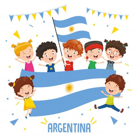 Ilustración vectorial de niños con bandera argentina Kids Playing Football, Croatia Flag, Kids Lying, Netherlands Flag, Kids Going To School, Japanese Kids, Russia Flag, Clowns Funny, Argentina Flag