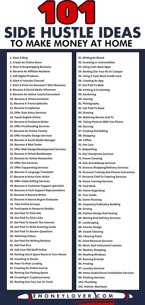 Side Hustle Ideas Master List: 101 Ways to Make Extra Money at Home Make Extra Money At Home, Money Saving Methods, Ideas To Make Money, Ways To Make Extra Money, Master List, Money Strategy, Legit Work From Home, Ways To Get Money, Money Management Advice