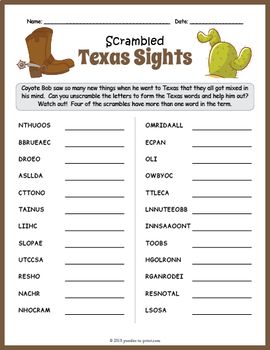 Texas Word Scramble Puzzle Word Games For Adults, Texas Activities, Hoedown Party, High Frequency Word Games, Texas Symbols, Autumn Puzzle, Puzzle Worksheet, Unscramble Words, No Prep Activities