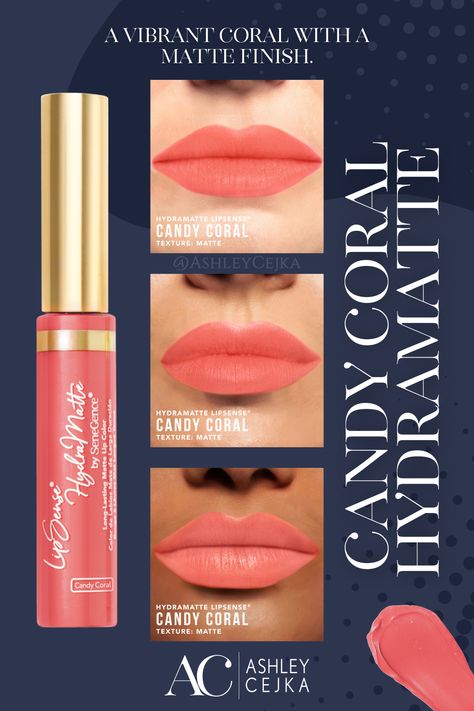 Get bright, beautiful color to last all day! Our Candy Coral HydraMatte LipSense is perfect for busy lifestyles and on-the-go needs. This vibrant coral lip color has a matte finish with no need for gloss--it's transfer-proof and waterproof, plus it lasts up to 6 hours while keeping your lips hydrated and kissable. Coral Lips, Senegence Makeup, Matte Lip Color, Lipsense Colors, Matte Lips, Long Lasting, Lip Colors, Skin Tones, Beautiful Colors