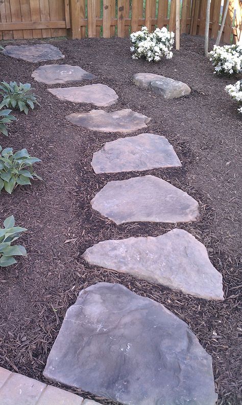 Step Stone Pathway Ideas, Backyard Landscaping Stepping Stones, Flagstone Path With Ground Cover, Flower Bed Stepping Stones, Irregular Stepping Stone Path, Stepping Stone Pavers Walkways, Stepping Stones Pathway In Mulch, Gravel And Stepping Stone Pathway, Path Through Flower Bed