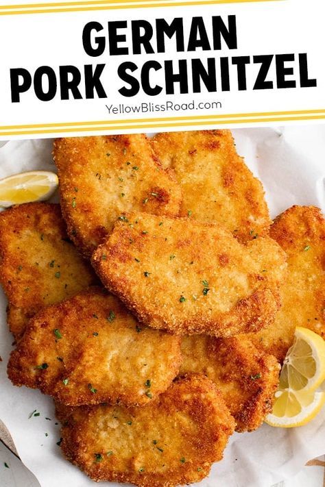 Easy German Pork Schnitzel | YellowBlissRoad.com German Schnitzel Recipe Pork, Schnitzel Recipe Pork, Pork Loin Schnitzel, Weiner Schnitzel Recipe Pork, Baked Pork Schnitzel Oven, Pork Snitzel Recipe Germany, Snitzel Dinner Ideas, Rahm Schnitzel Recipe, Weiner Schnitzel Recipe